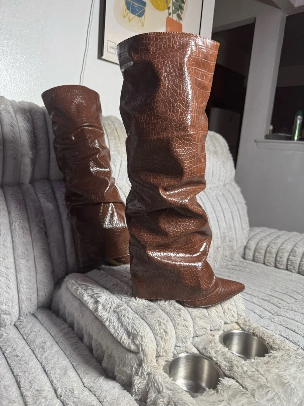 Croc-Embossed Slouch Over-the-Knee Boot in Brown